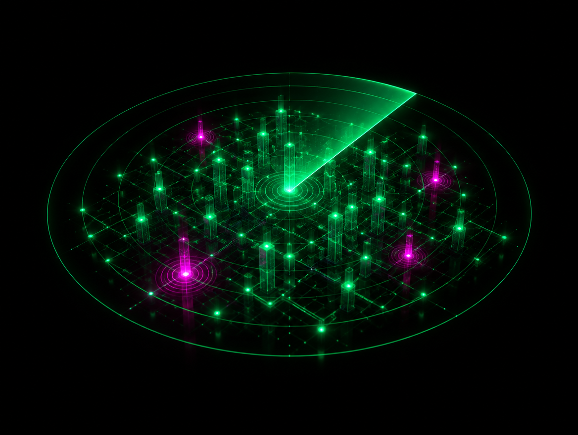 Radar holográfico abstrato varrendo uma rede digital, com nós críticos destacados em magenta