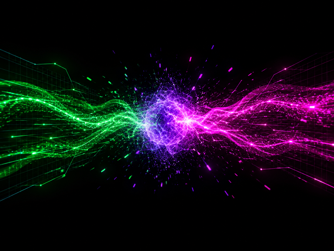 Dois fluxos de partículas, verde e magenta, colidindo em um núcleo violeta — defesa e ataque simulados